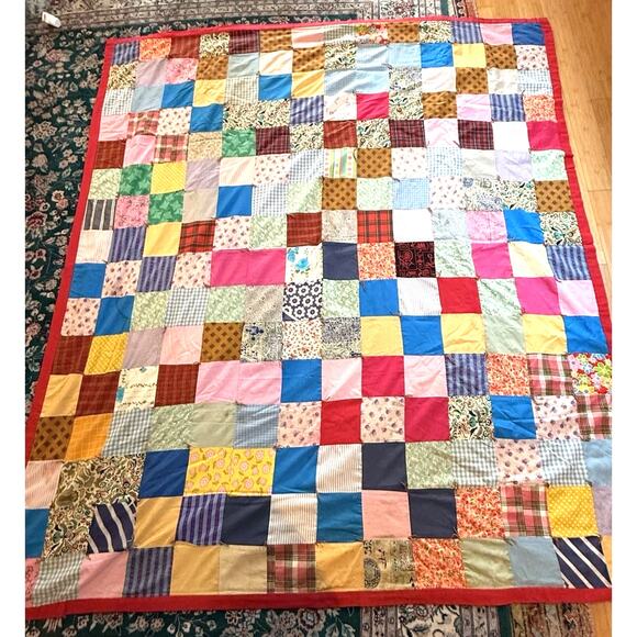 Vintage Quilt Hand Stitched Postage Stamp Patchwork 81” x 73” Multicolor Flannel
